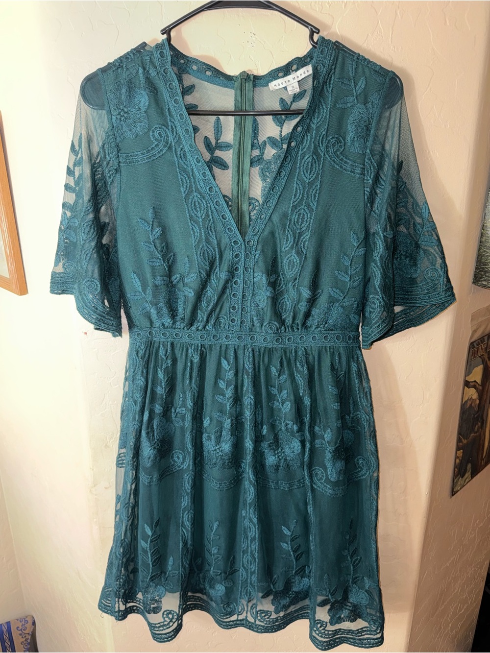 Haute Monde Teal Embroidered Mesh V Neck Mini Dress Sheer Sleeve Boho S